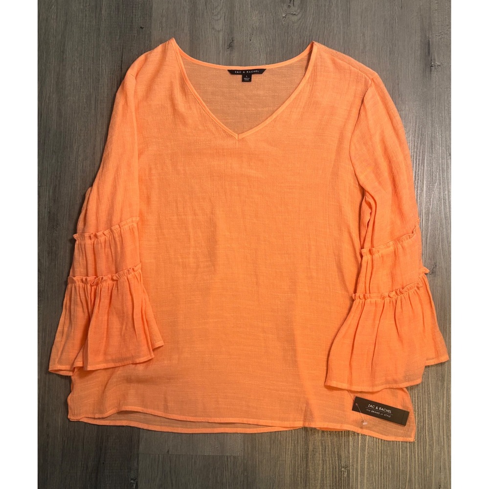 Zac & Rachel Blouse Large Sandy Orange Tiered Bell Sleeve V-Neck Rayon Blend NWT